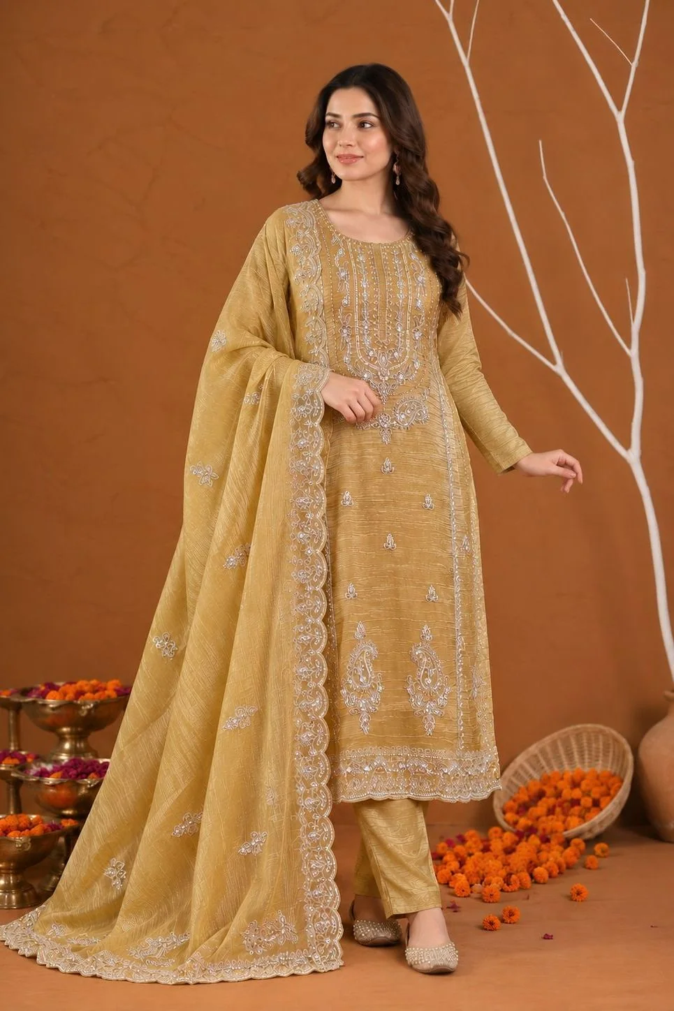 Zari Glow - Golden Olive Handwork Salwar Suit Set
