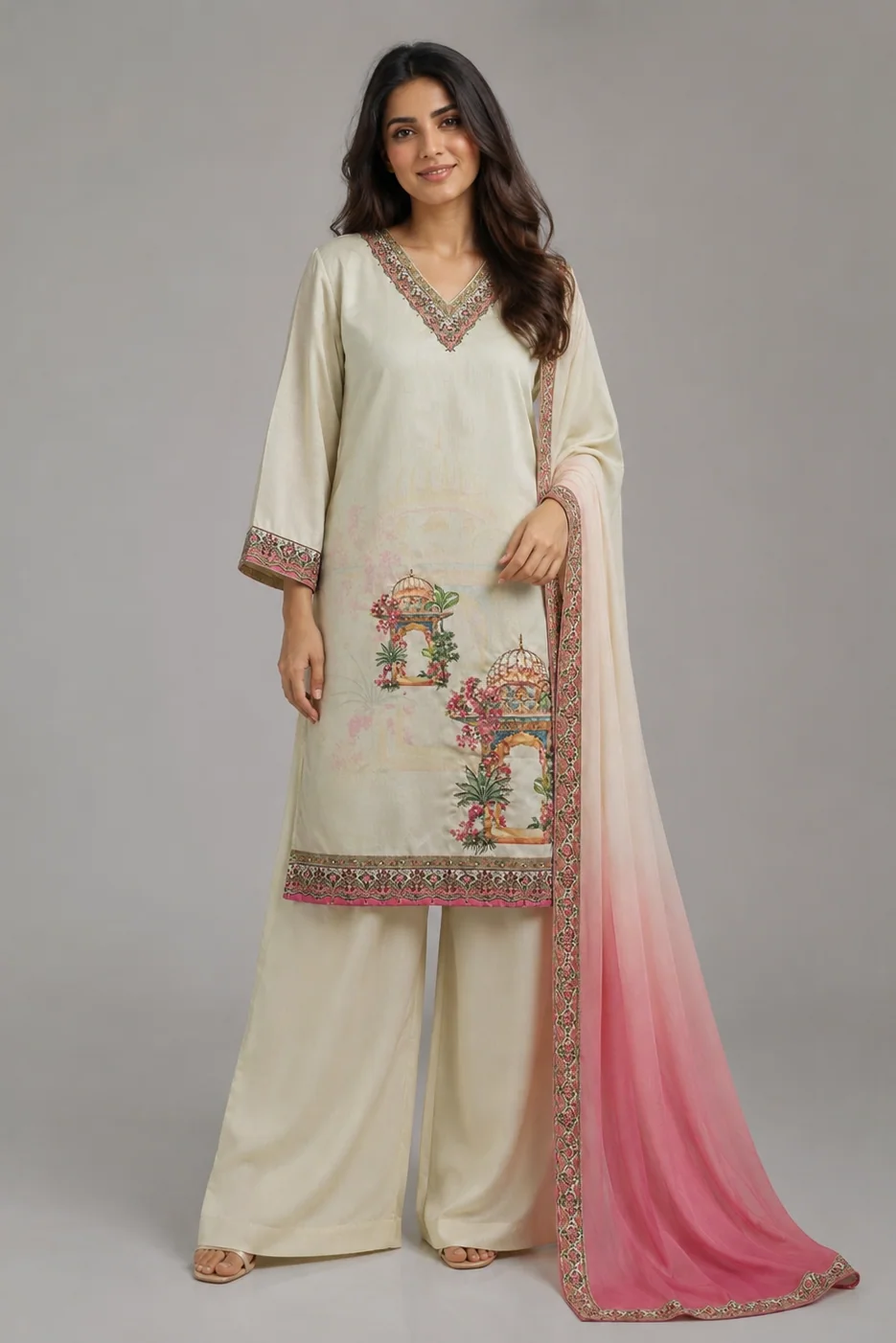 Jharokha - Ivory Printed Kurta Set with Pink Ombré Dupatta