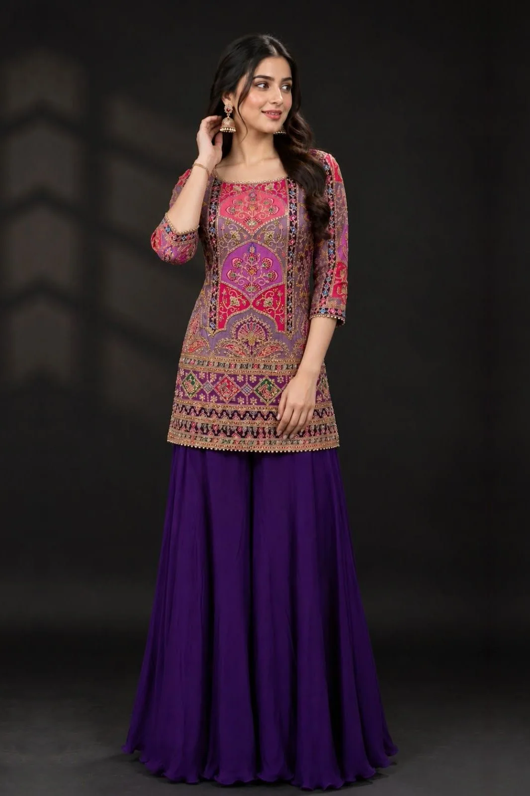 Noor - Royal Plum Crepe Sharara Suit Set