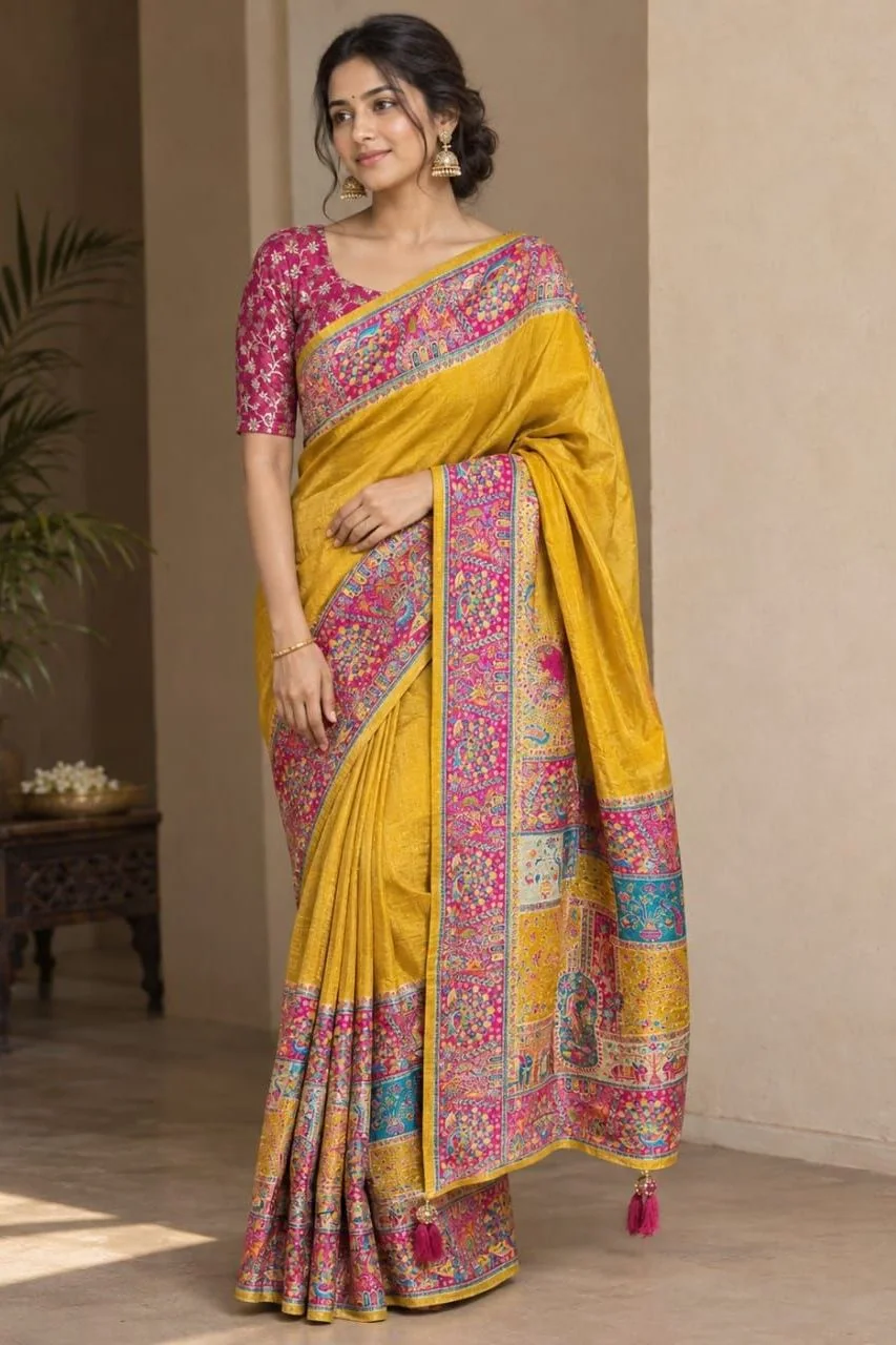 Mayurika - Mustard Yellow Banarasi Position Print Saree