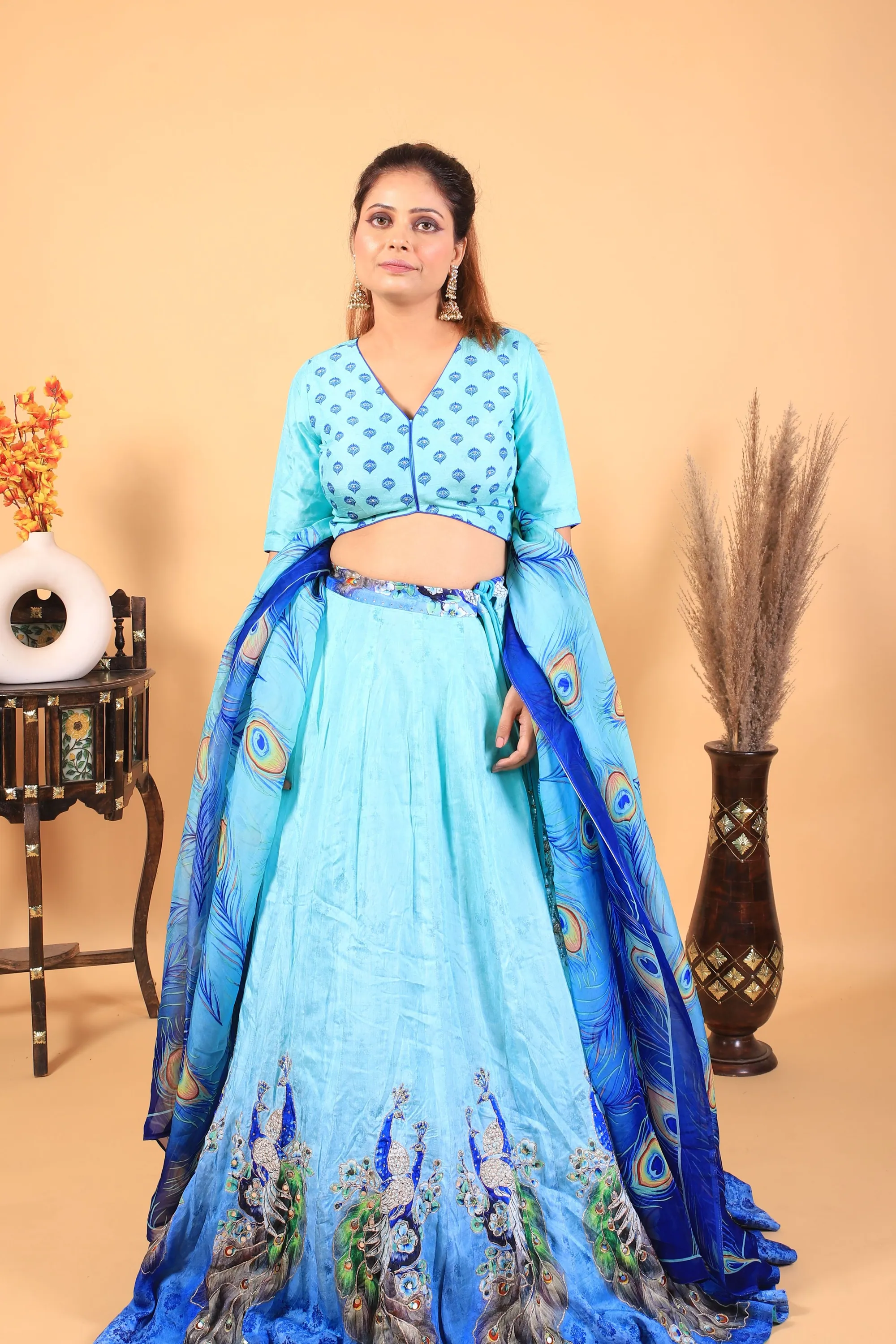 Mayuri - Sky Blue Peacock Print Italian Silk Lehenga