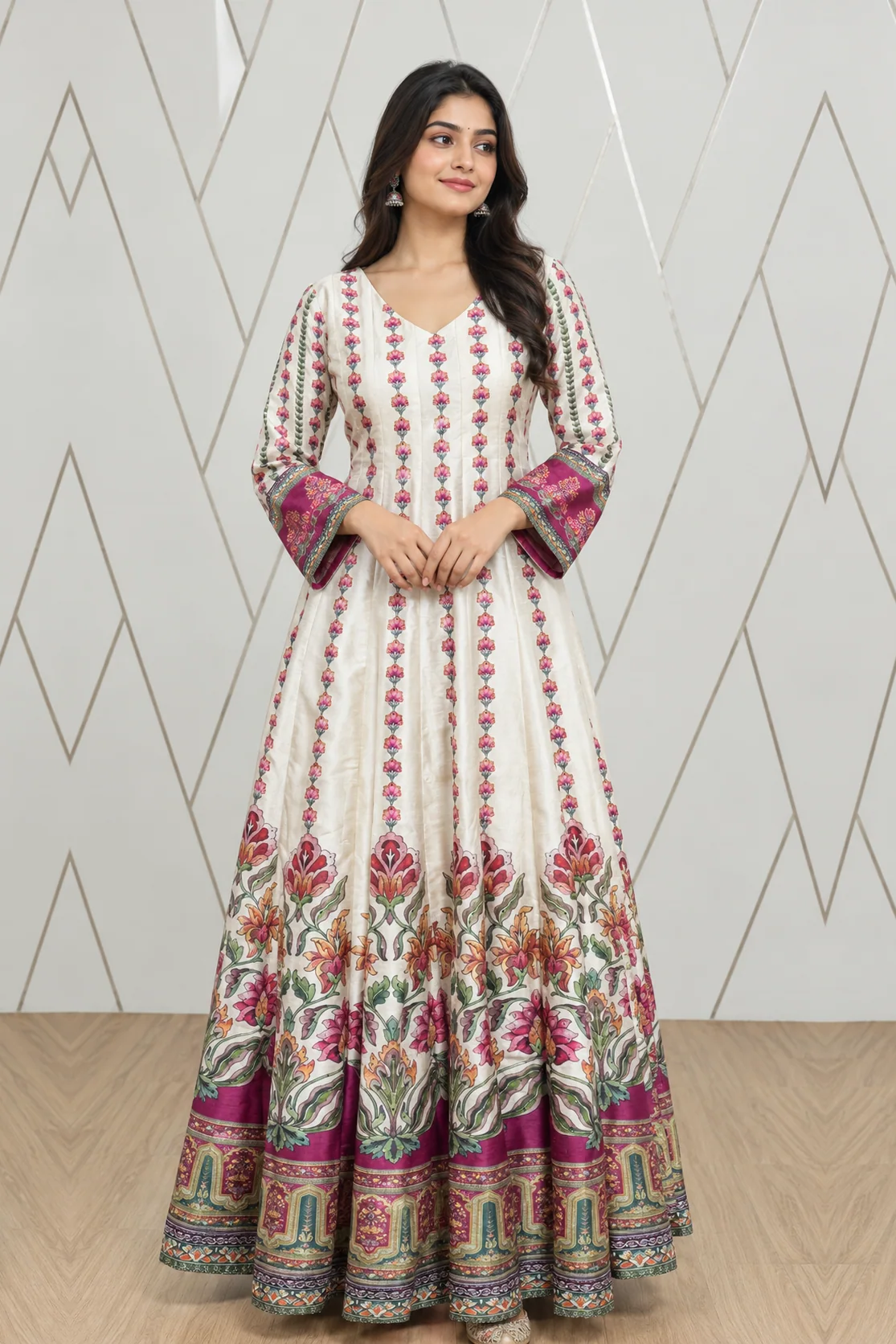 Phoolwari - Ivory Floral Printed Anarkali Gown