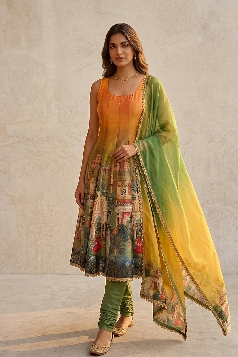 Kesar Mahal - Saffron & Green Ombré Printed Anarkali Set