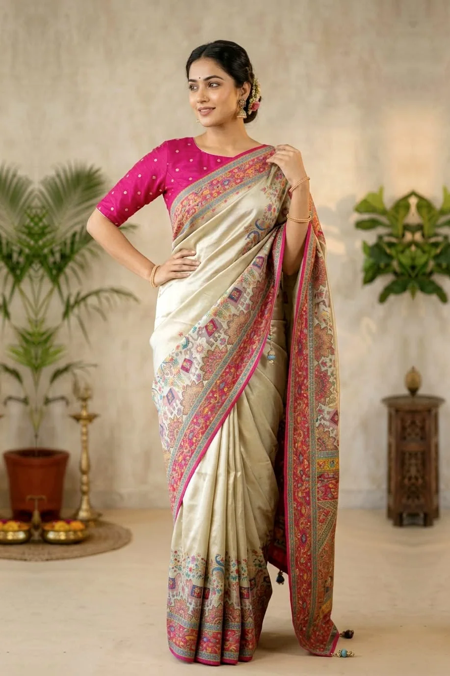 Meher Champagne - Printed Silk Saree with Pink Border