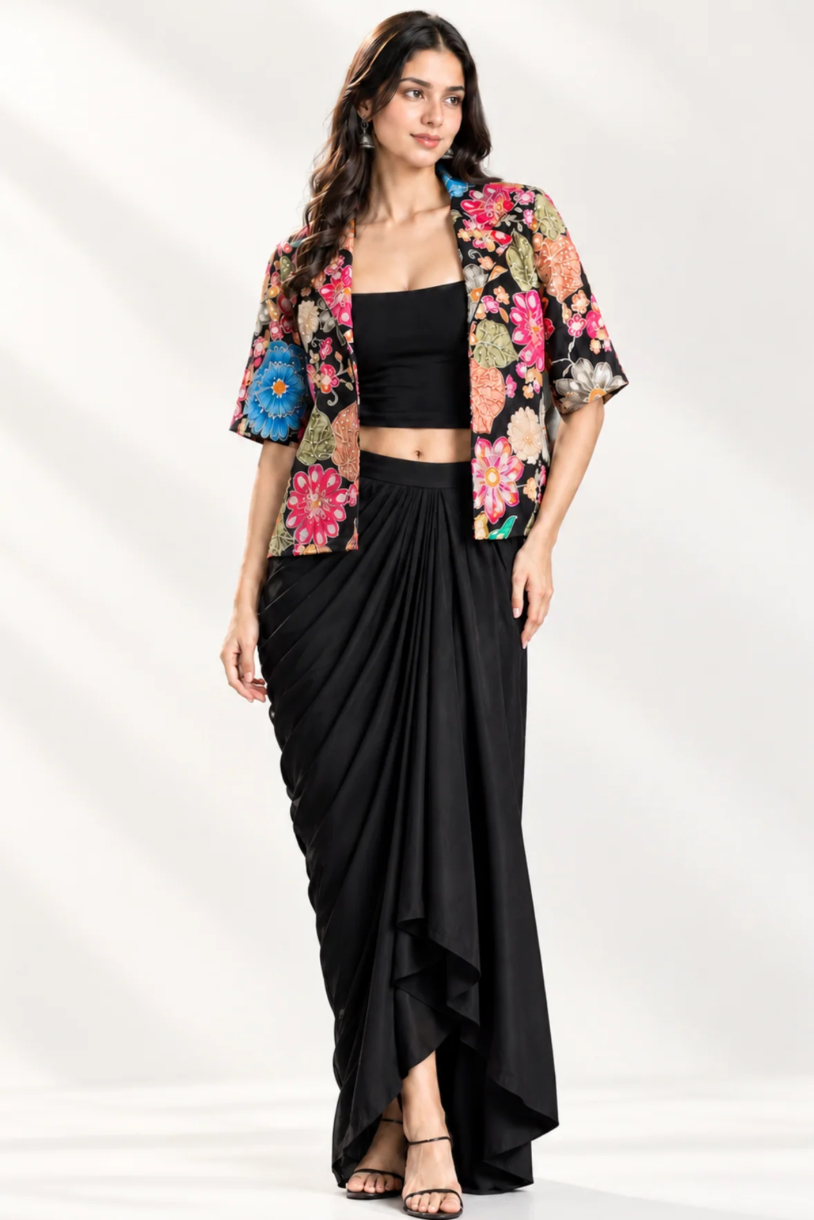 Noir Bloom - Black Floral Jacket & Draped Skirt Set