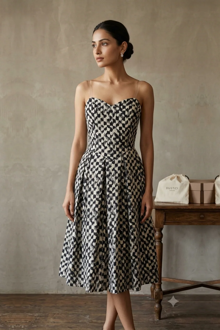 Monochrome Elegance - Padded Cotton Midi Dress
