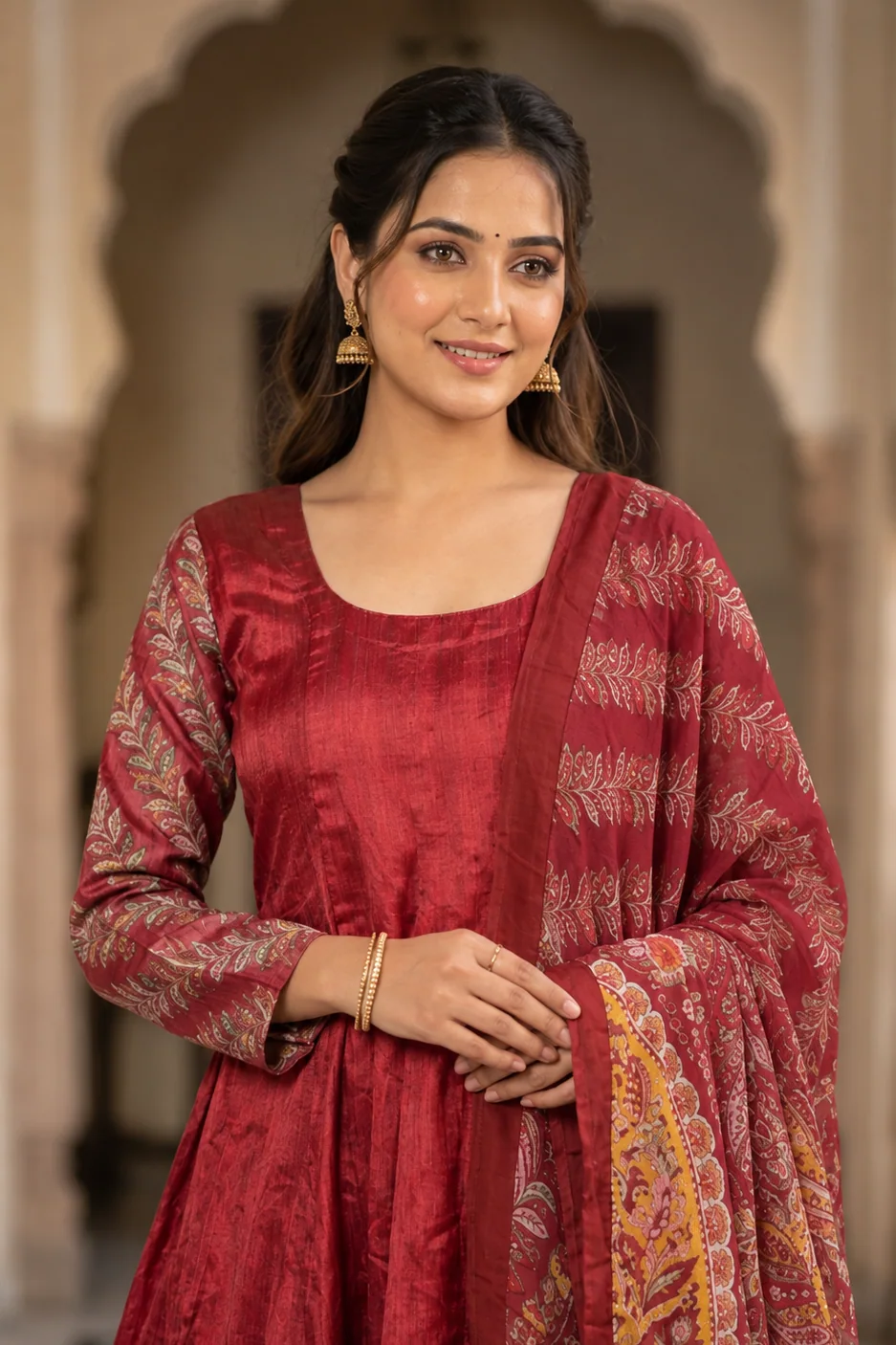 Sindoori - Red Silk Anarkali with Printed Dupatta