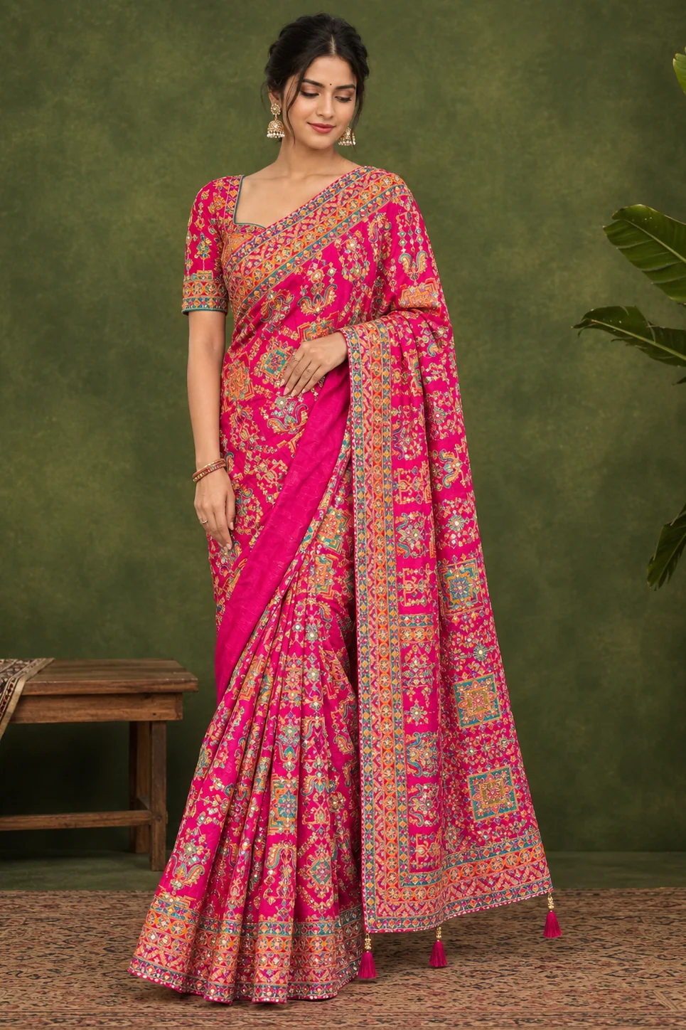 Noor-e-Gul - Hot Pink Pure Crepe Threadwork Saree