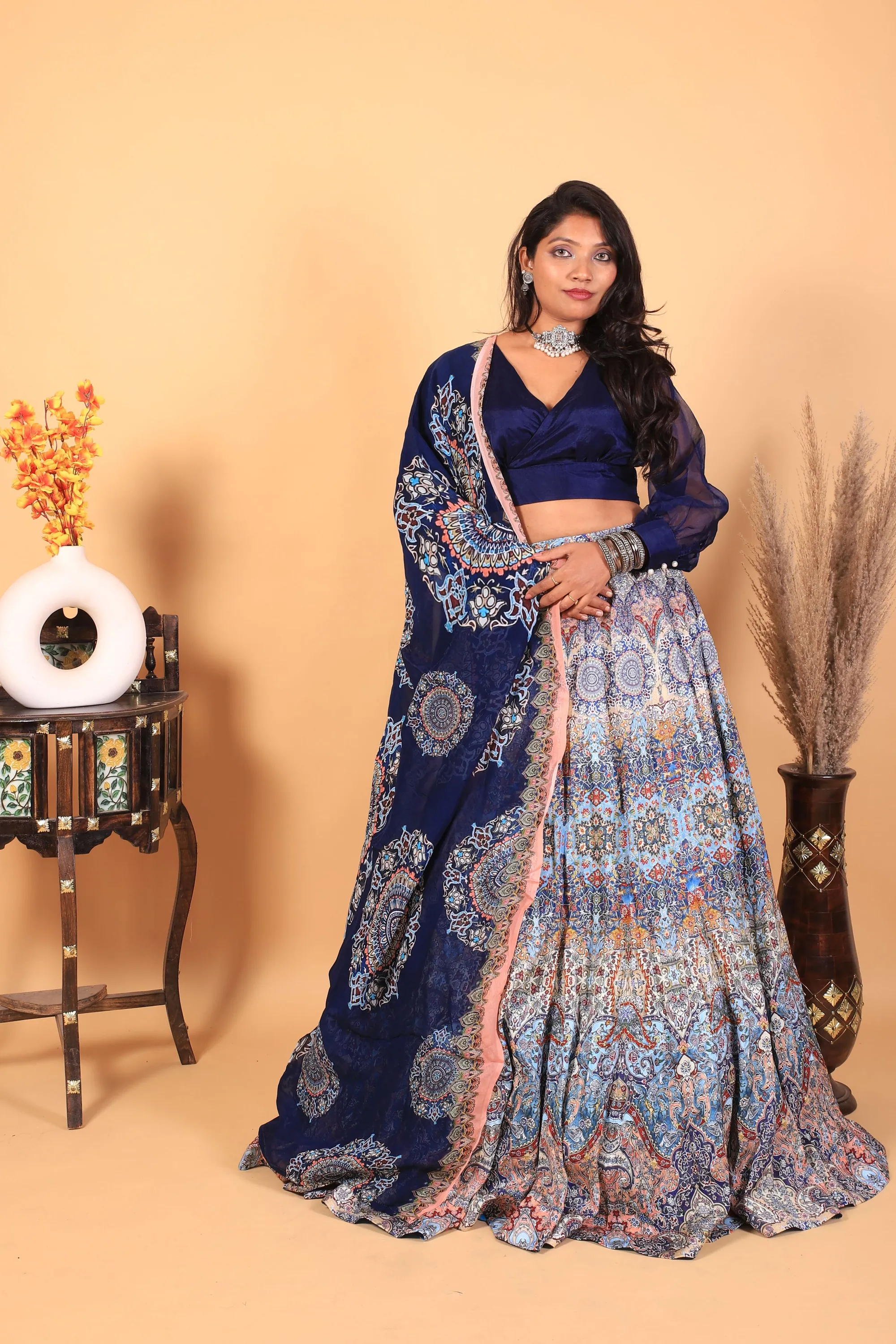 Neelambari - Navy Printed Italian Silk Lehenga