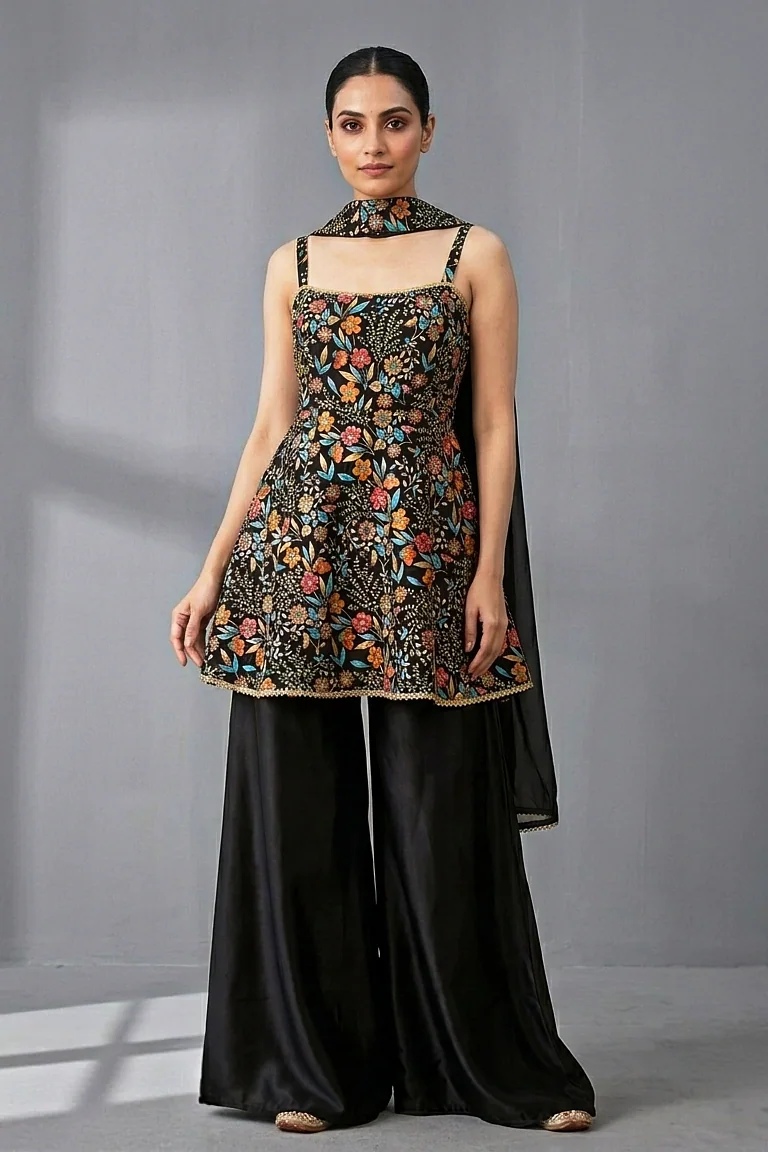 Raat Bagh - Black Floral Peplum Kurti & Palazzo Set